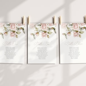 Plano de asientos con flores de rosas suaves, páginas pequeñas, tarjetas editables para encontrar asientos con flores rosas, plan floral imprimible para hacer uno mismo, tarjeta de asientos estilo boho