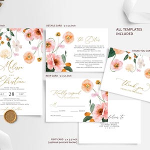 Ensemble de faire-part de mariage pêche et fard à joues | Modèle MODIFIABLE | Fleur de pavot imprimable | accents dorés | Faire-part de mariage, RSVP, détails, merci