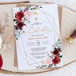 Marsala & Blush Pink Hingabe Einladung | EDITIERBARE Vorlage | Boho Blumen Mädchen Printable Hingabe einladen Einladen | Goldrahmen Rosenblüten