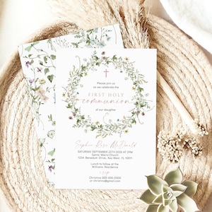 Modèle d'invitation de première communion | Faire-part de fleurs sauvages roses rustique | Carte de première communion bohème imprimable | TÉLÉCHARGEMENT IMMÉDIAT