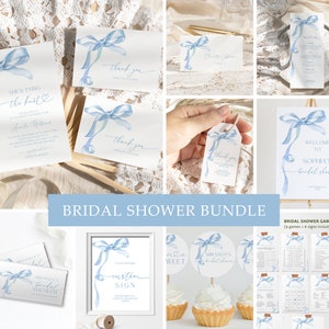 Bundle d'invitations pour la douche nuptiale avec noeud bleu, modèle de ruban bleu MODIFIABLE, faire-part de douche nuptiale imprimable, jeux et décoration, minimaliste