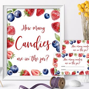 Gioco "Quante caramelle ci sono nel barattolo" di fragole e mirtilli / Cartello e biglietti modificabili per il gioco del baby shower / Modello stampabile per frutta estiva