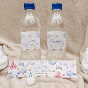 Pod etykietą na butelkę z motywem morza | Edytowalne opakowanie na butelkę z motywem marynistycznym | Wydrukowany upominek na baby shower i urodziny z motywem oceanu | Natychmiastowe pobranie
