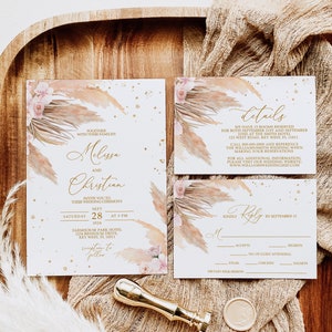 Conjunto de convites de casamento Pampas Grass | Modelo editável | Convite de casamento imprimível com confete dourado e rosas cor-de-rosa | RSVP, detalhes, cartão de agradecimento