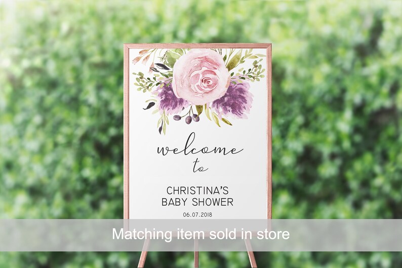 May include: A welcome sign for a baby shower with a watercolor floral design featuring pink and purple flowers. The sign reads "Welcome to Christina's Baby Shower 06.07.2018".