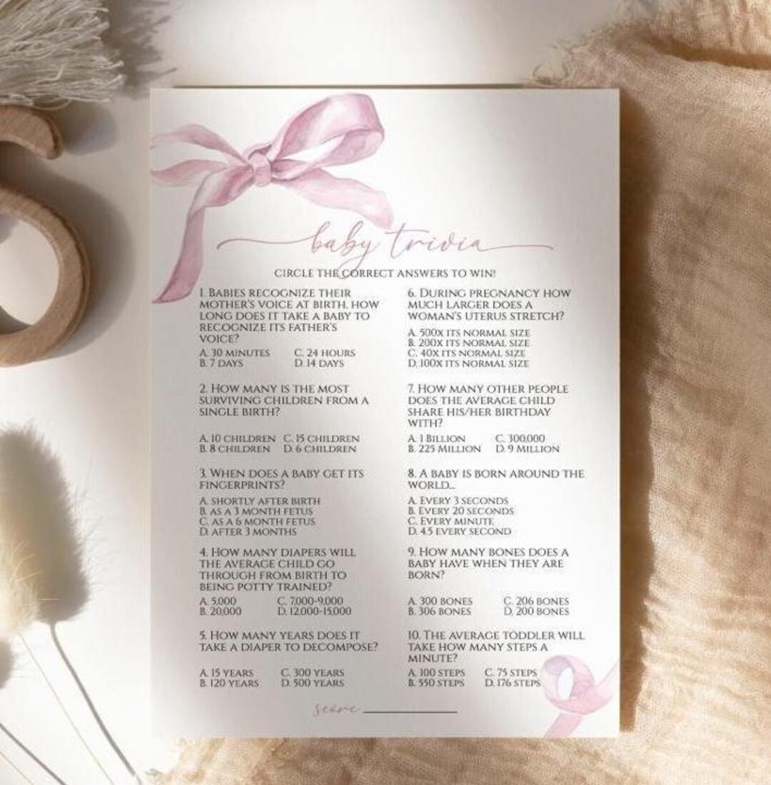 Baby Shower Trivia Pink Bows | Printable Baby Shower Games | Editable ...