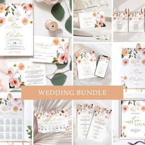 Pfirsich & Blush Blumen-Hochzeitseinladungs-Paket | DIY EDITIERBARE Vorlage | Boho Poppy Floral Printable einladen | Gold Akzente Instant Download