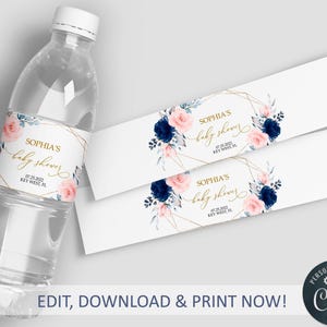 Étiquette florale rose pâle et bleu marine | Modèle d'étiquettes d'eau imprimables modifiables | Rose avec cadre doré pour baby shower et brunch nuptiale