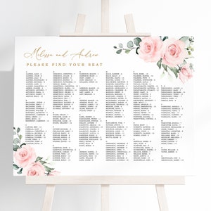 Alfabetische tafelschikking met blosroze bloemen | BEWERKBARE bruiloft zitplaatsen grafieksjabloon | Roze roos bloemen afdrukbare DIY bruiloft zitplaatsen
