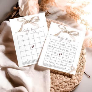 Jogo de Bingo para Bebês com Laço Bege | Atividades de Brunch para Bebês para Imprimir e Editáveis | Modelo de Jogo de Chá de Bebê com Fita Aquarela Mocha | Download Instantâneo