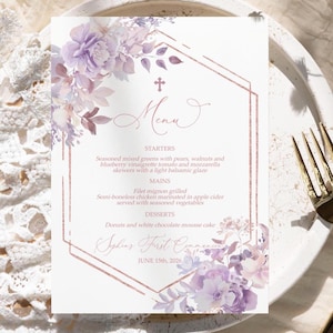 Lila Blumen Taufe Menü | BEARBEITUNGSFÄHIG Druckbares violettes Blumenfeier-Menü | Religiös, Konfirmation, Hingabe, Erste Heilige Kommunion
