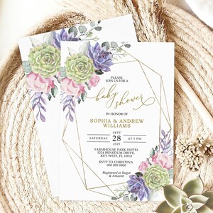 Soczyste zaproszenie na baby shower | Edytowalny szablon na boho brunch do wydrukowania | Różowe kwiaty posypane fioletem | Natychmiastowe pobranie