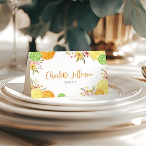 Naamkaartjes Cutie Citrus | BEWERKBARE sjabloon | Afdrukbare tropische bloemen naam plaatskaart | Bruids, boho-shower, bruiloft