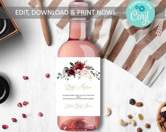 Marsala & Blush Pink Floral Baby Shower  Mini Wine Label, Printable Thank You Mini Wine Label Template