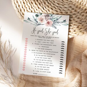 Dusty Flowers He Said She Said Bridal Shower Game | EDITABLE Printable Template | Floral Brunch Activity | Instant Download