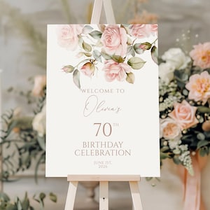 Gentle Rose Flowers Birthday Welcome Sign | EDITABLE Template | Blush Rose Floral Birthday Sign | Elegant  Printable Large Birthday Poster