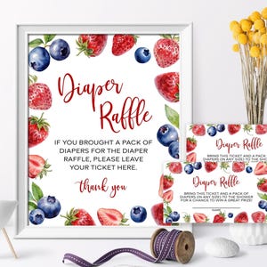 Erdbeere & Blaubeere Raffle Zeichen und Tickets | EDITIERBARE Babyparty Spiel | Druckbare Aquarell Sommer Obst Vorlage