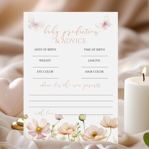 Jeu de prédictions et conseils pour bébés papillons | Jeu de brunch pour bébé rose et pêche fleurs sauvages MODIFIABLE | Modèle de jeu de douche fille papillon rose