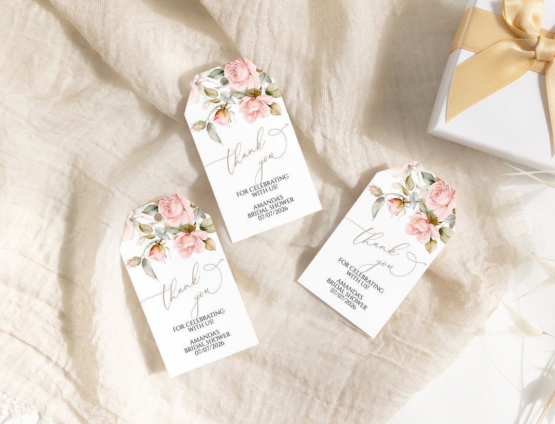 Pink Roses With Tag Blush Pink Rose Thank You Tag: Editable Floral Favor (digital Download ...