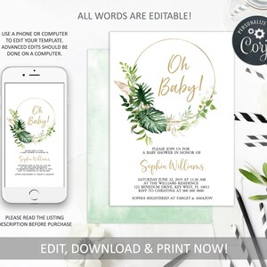 Palm Leaf Oh Baby uitnodiging, tropische 100% bewerkbare tekst, Greenry afdrukbare douche sjabloon, groene en gouden neutrale uitnodiging INSTANT DOWNLOAD