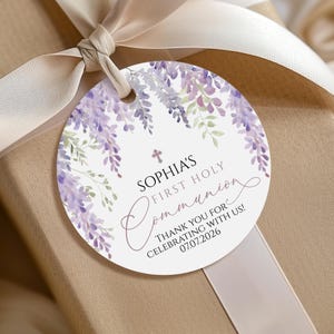 Lila Glyzinien Erstkommunion Dankeschön Anhänger | EDITIERBARE Runde Favor Aufkleber Vorlage | Lavendel Blumen Floral Taufe Tags zum ausdrucken