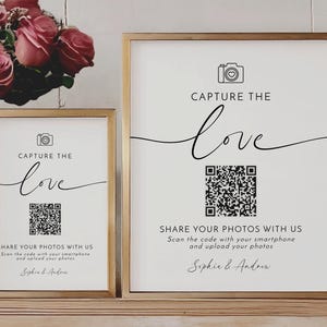 Erfassen Sie die Liebe Zeichen mit QR-Code, Hochzeitsfoto teilen Zeichen druckbar, Teilen Sie Ihre Fotos Hochzeit QR-Schild-Vorlage
