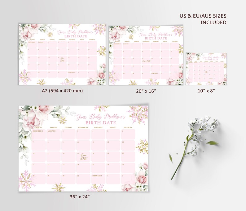 Winter Baby Shower Due Date Prediction Calendar, EDITABLE Printable