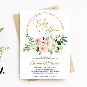 Invitación para baby shower con flores en rosa ruborizado / Plantilla editable / Invitación imprimible para brunch de niña con corona dorada estilo bohemio / Flores blancas y rosas