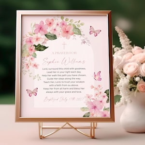 Placa de oração de batismo com flor de macieira rosa-claro | Modelo de cartão de oração personalizado EDITÁVEL | Placa de batismo com borboletas e flores boho