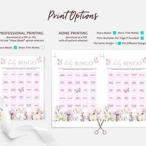 May include: Three printable baby bingo cards with a floral design featuring butterflies and a pink background. The cards have a list of baby-related items such as crib, rattle, diaper bag, and more.