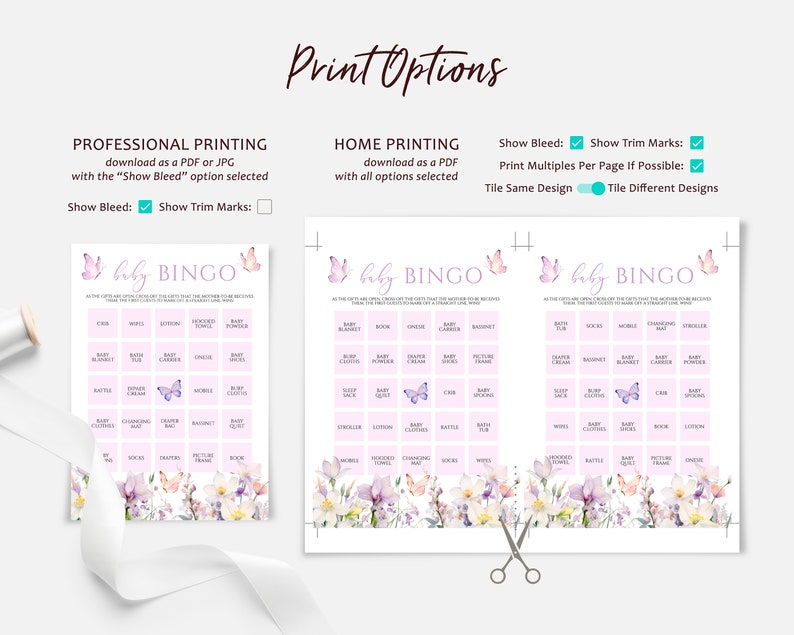 May include: Three printable baby bingo cards with a floral design featuring butterflies and a pink background. The cards have a list of baby-related items such as crib, rattle, diaper bag, and more.