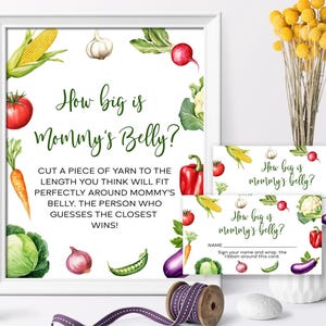 Quelle est la taille du gibier du ventre de maman | et cartes de jeu de jardin potager pour baby shower MODIFIABLES | Thème ferme rustique imprimable