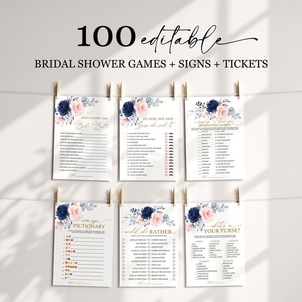 Blush Pink & Navy Floral Bridal Shower Games Bundle, EDITABLE Boho Blue Pink Rose Template, Printable Bridal Brunch Games and Decorations