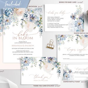 Ensemble bleu élégant de bébé d'hortensia en fleur | MODÈLE MODIFIABLE pour baby shower floral bleu cendré | Saupoudrer de rose poudré pour bébé