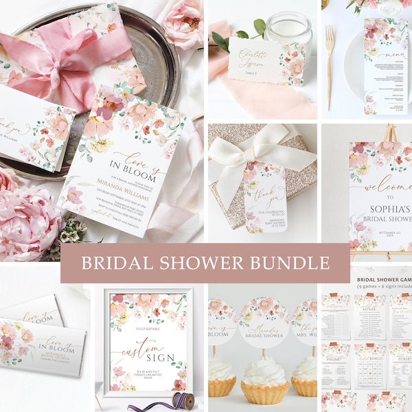 Wildflower Bridal Shower Invitation Bundle, EDITABLE Pink & Red Wild Flowers Template, Printable Shower Invitation Games and Decorations