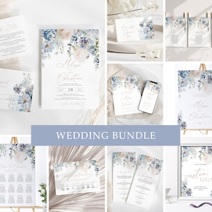 Elegante Blaue Hortensie-Hochzeits-Einladungs-Bündel | DIY EDITIERBARE Vorlage | Boho Blumen bedruckbare einladen | Blumen Sofort Download