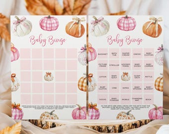 May include: A baby bingo game card with a watercolor pumpkin theme. The card features pink squares for bingo spaces and pumpkin illustrations. Text includes "Baby Bingo" and baby-related items.
