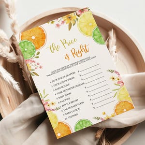 Juego "El precio justo" de Cutie Citrus / Actividad imprimible y editable para baby shower / Tarjeta de juego con temática de flores tropicales de verano bohemio
