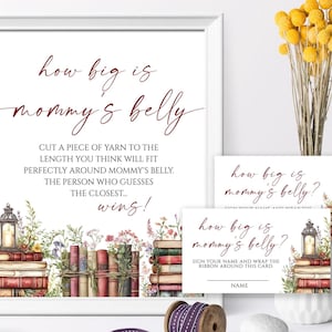 Jogo "Qual o tamanho da barriga da mamãe" | Cartões de resposta e placas para chá de bebê EDITÁVEIS | Jogo de brunch para bebês com flores silvestres e livros para imprimir