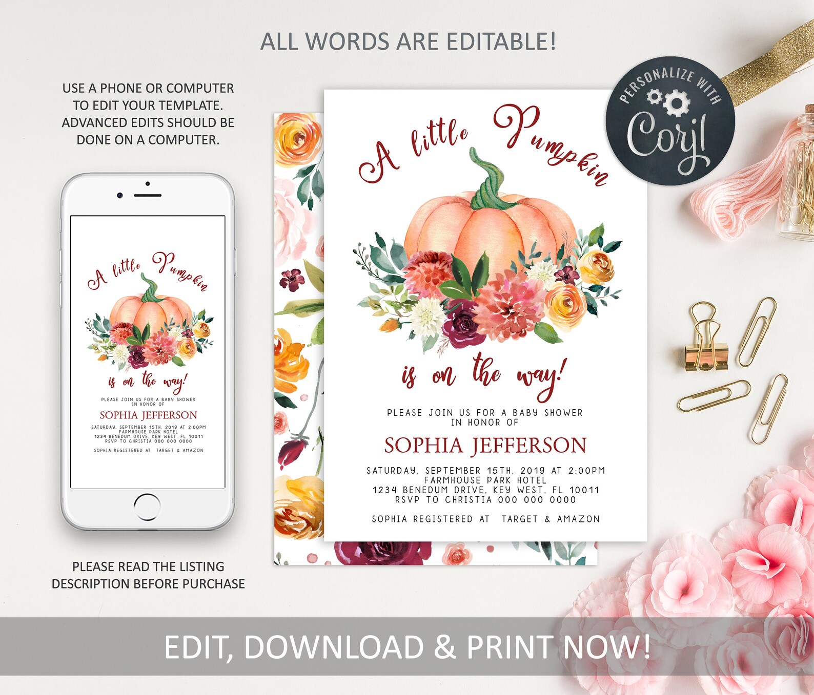 Fall Baby Shower Invitation Template 100% Editable Printable | Etsy
