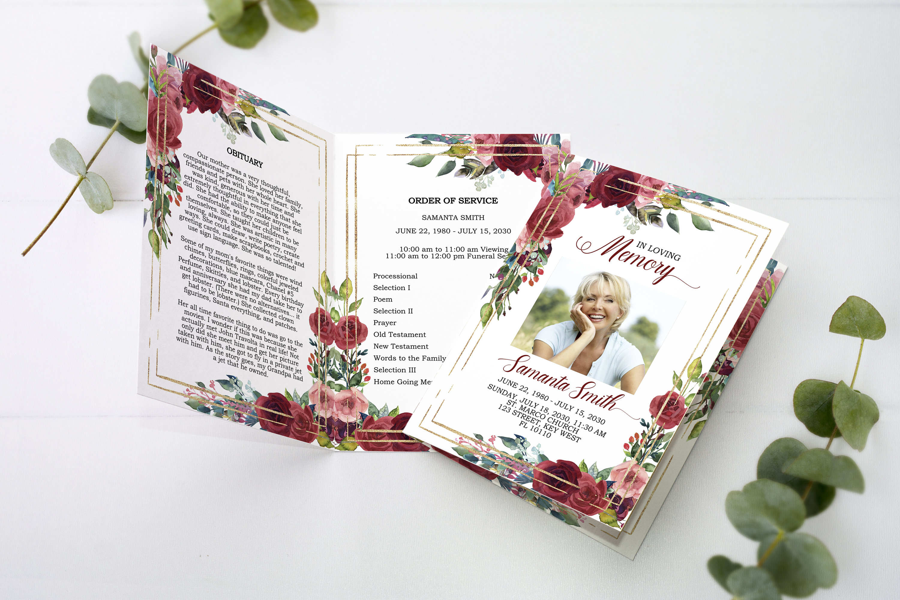 Red Floral Funeral Bundle Template: Editable Memorial Set (digital) - Etsy
