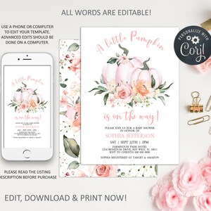 May include: A printable baby shower invitation with a watercolor illustration of pink pumpkins and flowers. The text reads "A little Pumpkin is on the way!" and includes the baby shower date, time, location, and RSVP information.