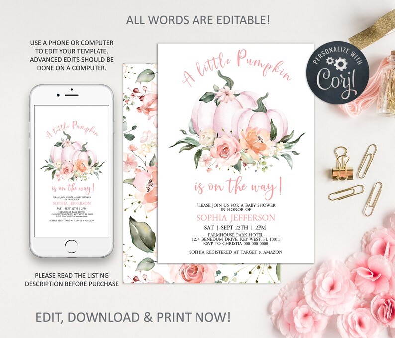 May include: A printable baby shower invitation with a watercolor illustration of pink pumpkins and flowers. The text reads "A little Pumpkin is on the way!" and includes the baby shower date, time, location, and RSVP information.