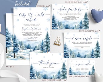 May include: Baby shower invitation set with a winter theme. Includes invitation, thank you card, diaper raffle cards, and a book request card. The design features watercolor illustrations of pine trees and snowflakes in shades of blue.
