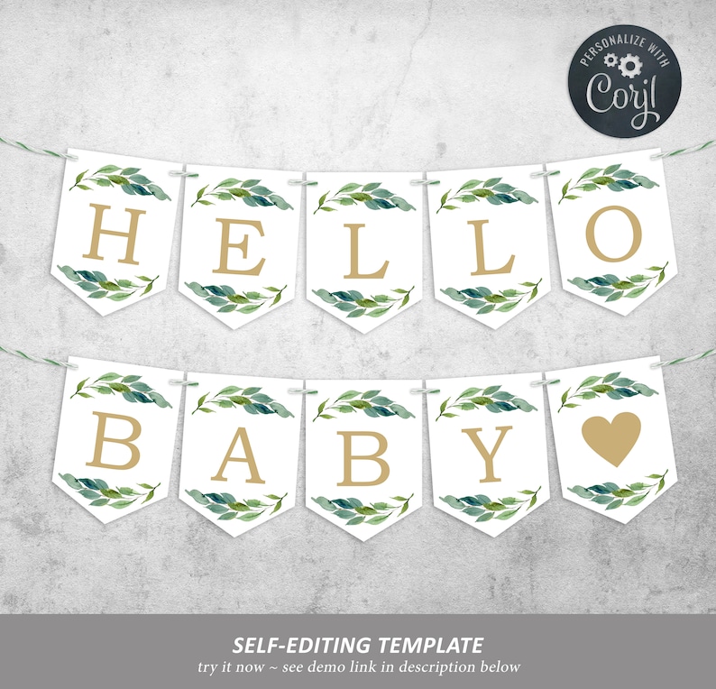 editable greenery alphabet banner template printable baby shower decorations bridal shower flags birthday wedding green and gold alphabet banner template