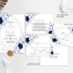 Conjunto de convites de casamento florais azul-marinho | Modelo EDITÁVEL | Convite de casamento com moldura prateada e rosas azuis para impressão | RSVP, detalhes, obrigado
