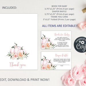 May include: Printable set of cards for a baby shower with a fall theme. The cards feature pink and white pumpkins with peach and pink flowers. The text on the cards reads "Books for Baby" and "Diaper Raffle".