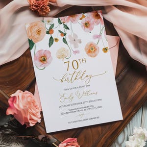 Invitation d'anniversaire de fleurs de couleur pêche et rose | Modèle floral de pavot MODIFIABLE | Invitation d'anniversaire imprimable pour femme Gold Accents | Tout âge