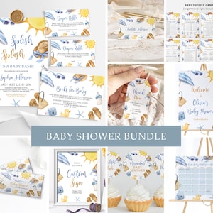 Splish Splash Baby Shower Invitation Bundle | Editable Summer Boy Template | Printable Blue Beach Baby Shower Invite, Games, and Decorations