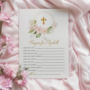 Biglietto con preghiere per neonati / Modello modificabile per baby shower o battesimo / Croce floreale rosa cipria e oro / Biglietto con consigli stampabile con fiori di melo